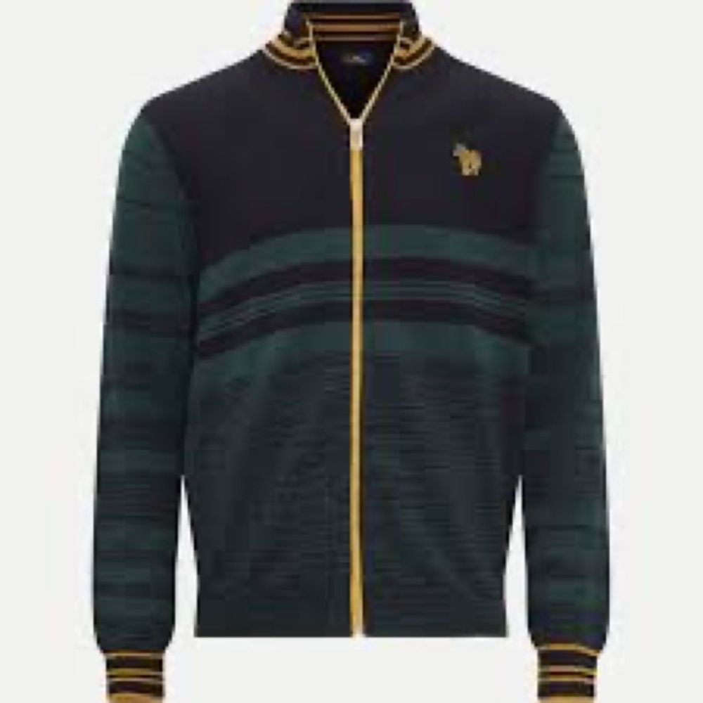 Paul Smith Merino wool Men's Black and Green Zip Up Sweater Size Medium Preppy